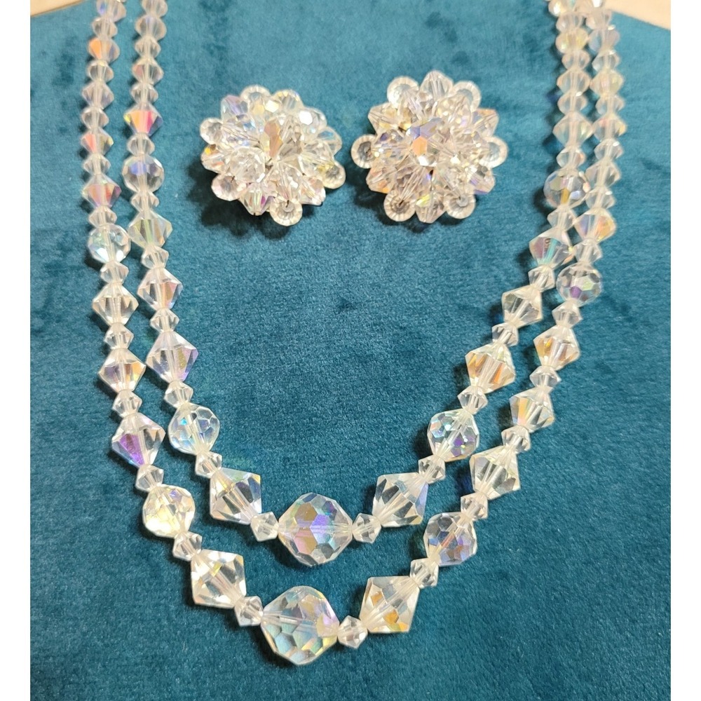 Vintage 1950s Aurora Borealis Iridescent Bead 2 Strand Necklace Earrings Set